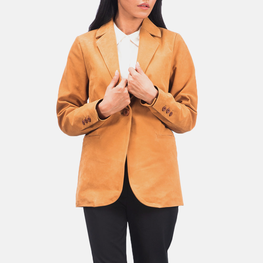 Women's Norma Brown Suede Blazer in Brown Cowhide Nubuck - Vista frontal y silueta a medida | Comprar online