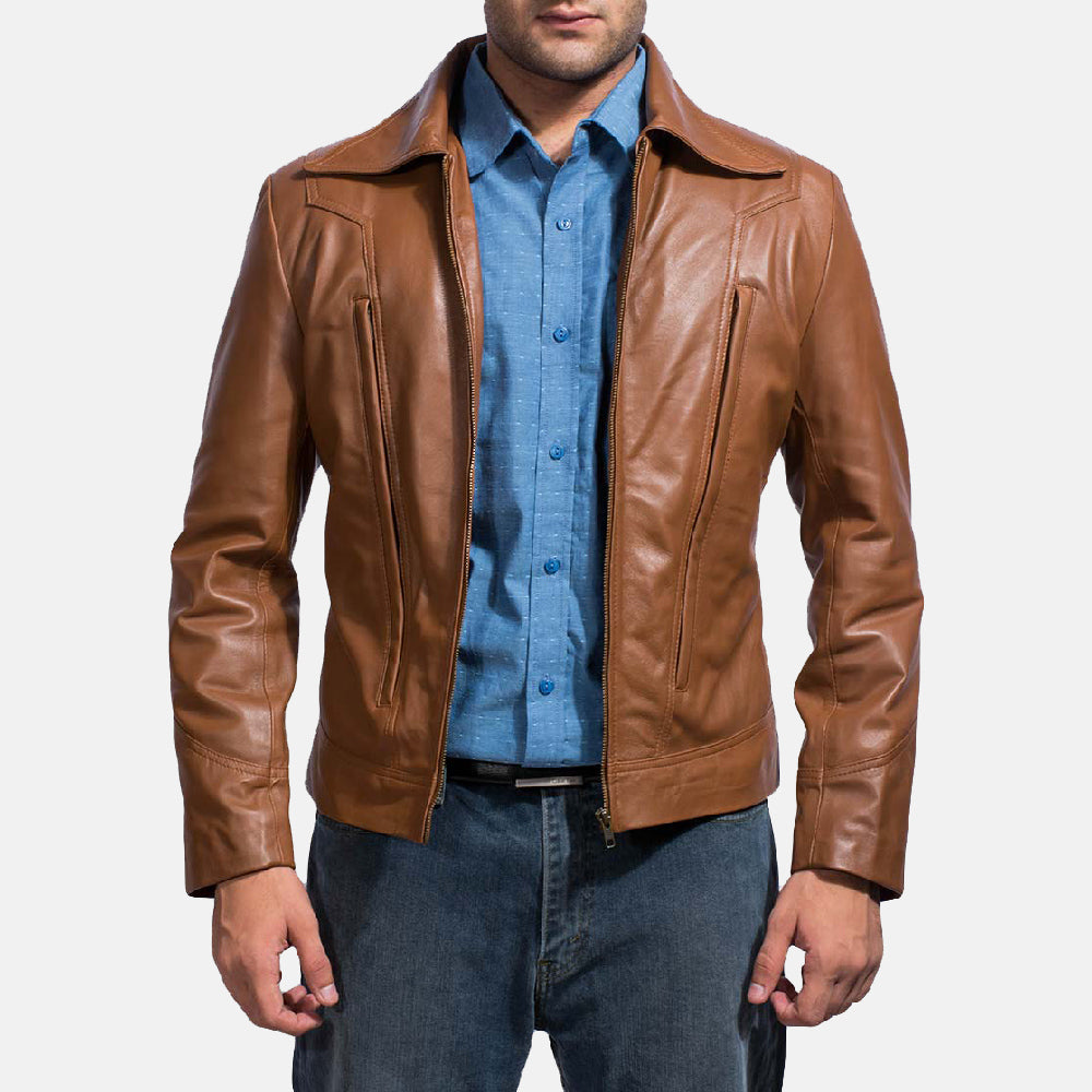 Old School Marrón Chaqueta de Cuero para Hombre in Brown Sheepskin Leather - Vista frontal y silueta a medida | Comprar online