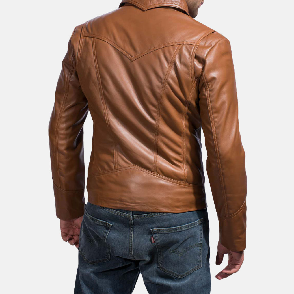 Detalle de cerca of Shirt &amp; Zipper Hardware on Old School Marrón Chaqueta de Cuero para Hombre