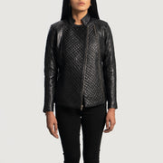 Women's Orient Grain Acolchado Negro Chaqueta Biker de Cuero para Mujer - Vista de perfil lateral con corte ergonómico de manga