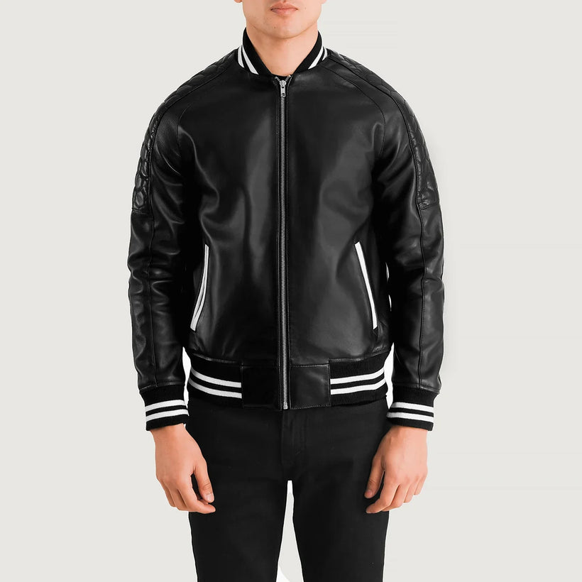 Pascal Negro Leather Varsity Chaqueta de Cuero para Hombre