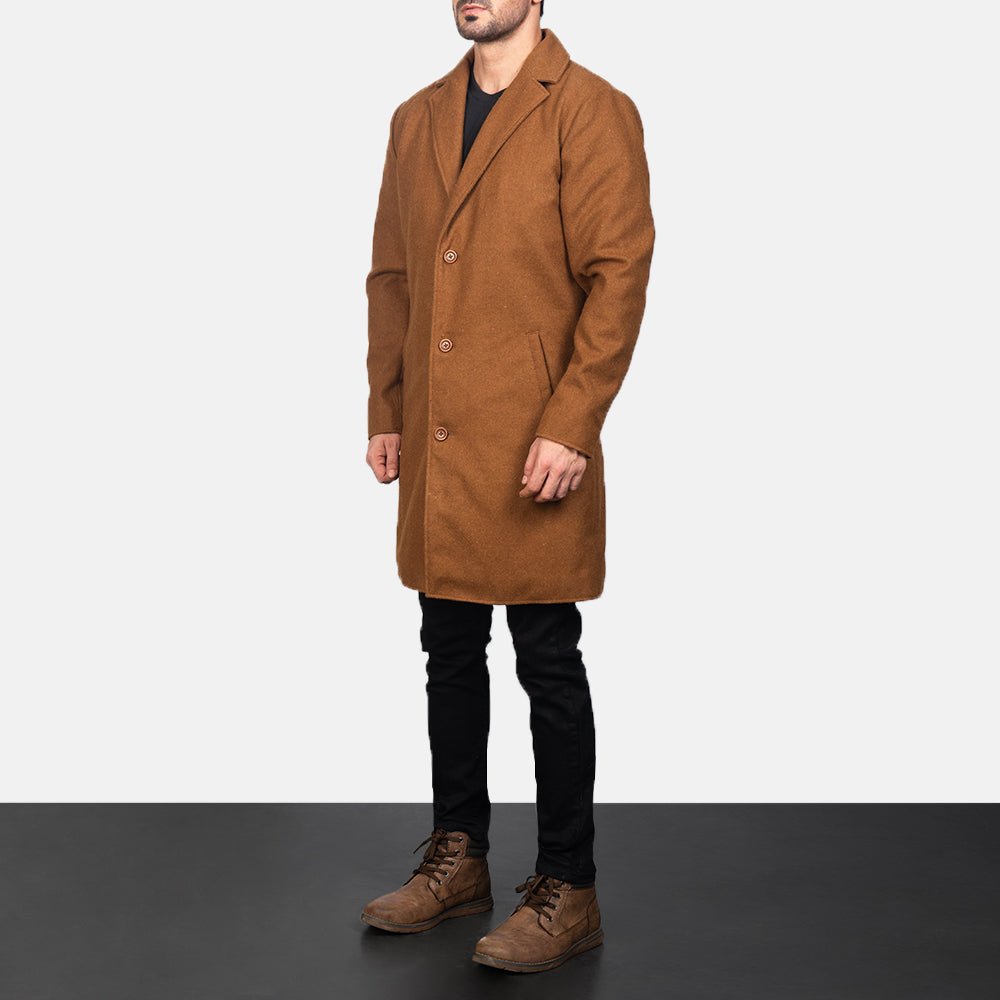 
Petrillo Khaki Wool Single Breasted Abrigo de Cuero para Hombre - Vista lateral mostrando el corte ergonómico de mangas