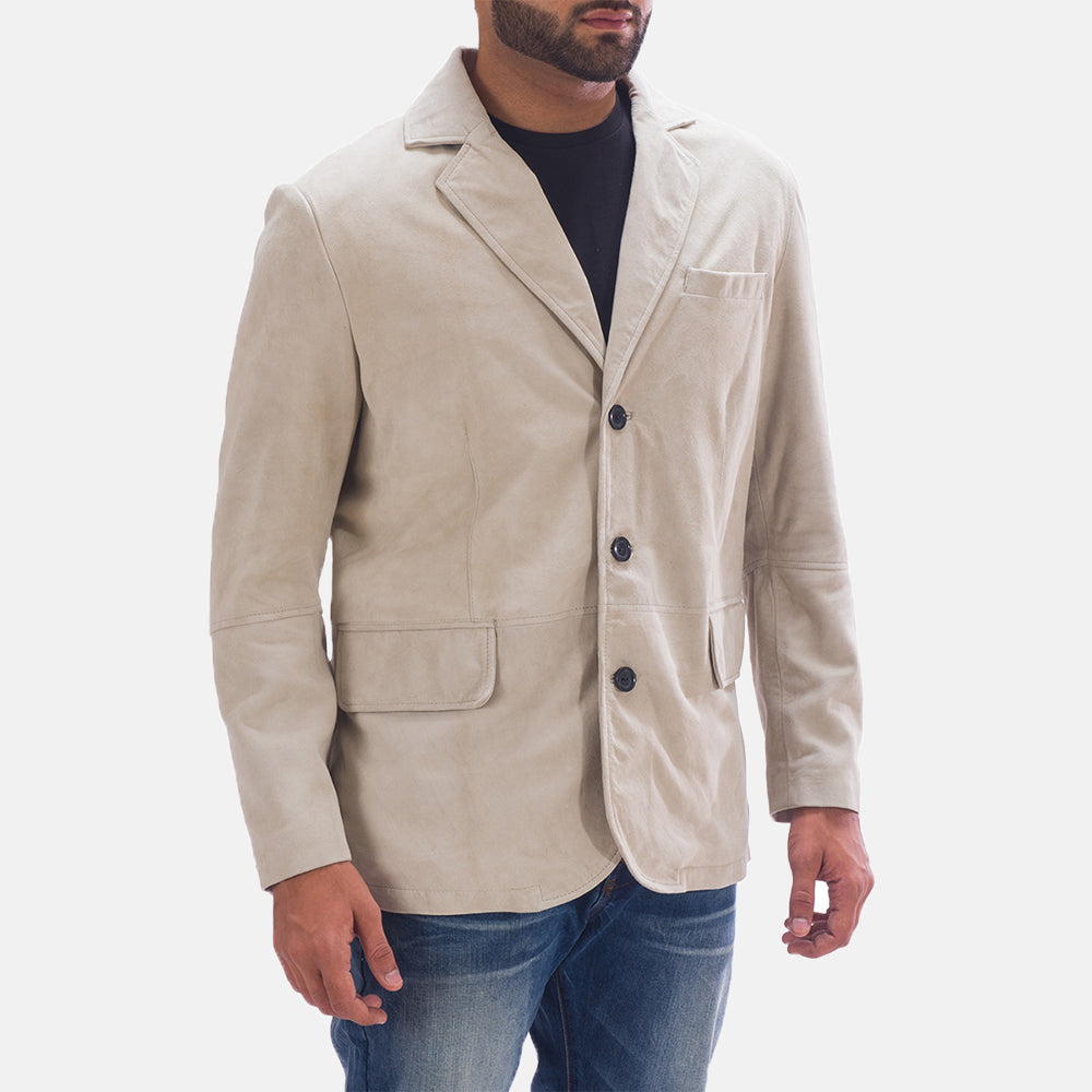 
Off White (Greyish) Goatskin Suede Leather Blazer - Vista posterior con hombros definidos y bajo impecable