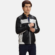Randolf Silver Negro Chaqueta Biker de Cuero para Hombre in Black &amp; silver Sheepskin Leather - Vista frontal y silueta a medida | Comprar online