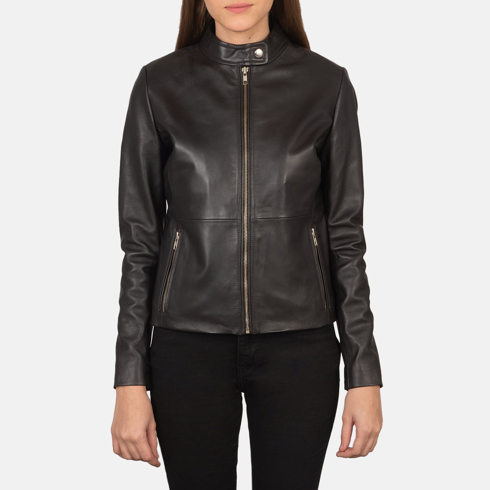 
Rave Brown Leather Biker Jacket in Brown Sheepskin Leather - Vista frontal y silueta entallada | Comprar online