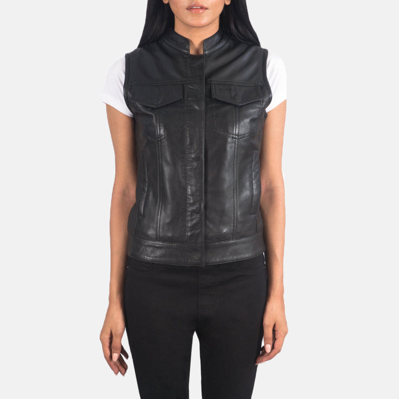 Rayne Moto Negro Chaleco de Cuero para Mujer