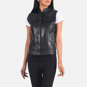Close-Up Detail of Band & Zipper Hardware on Women's Rayne Moto Black Leather Vest