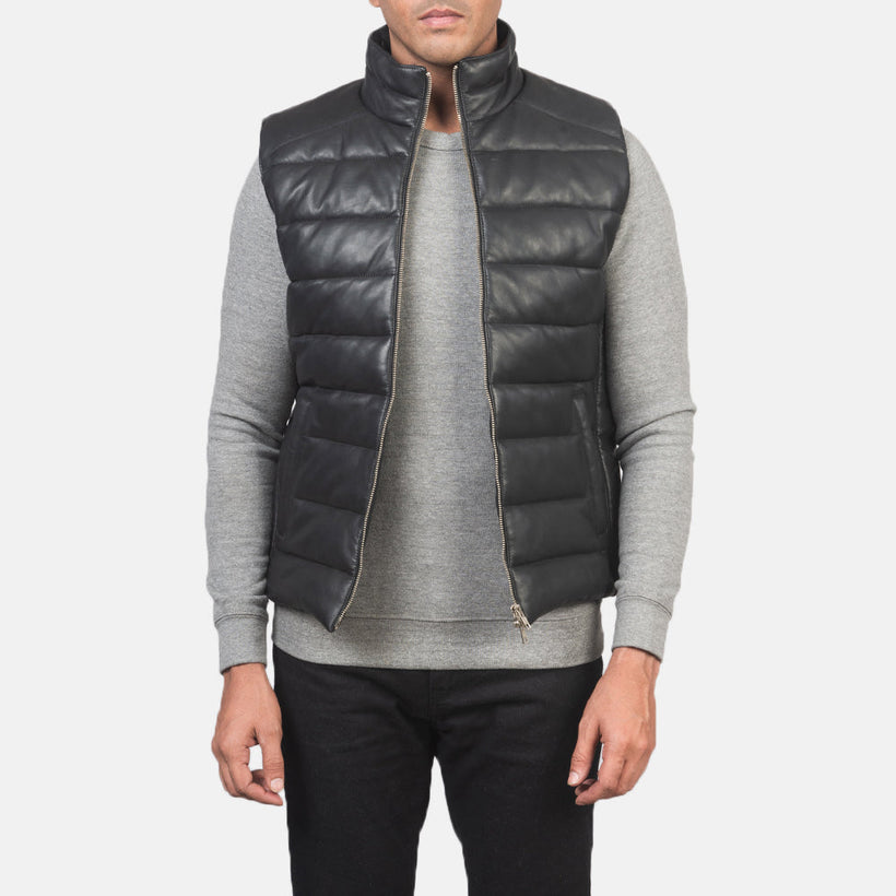 Reeves Negro Leather Puffer Vest para Hombre