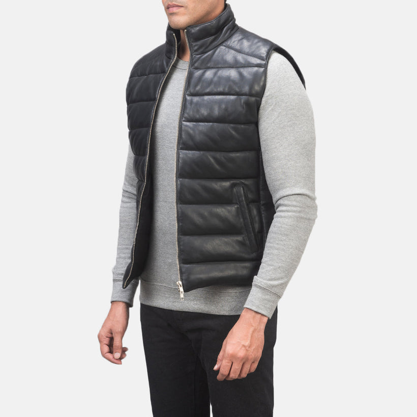Reeves Negro Leather Puffer Vest para Hombre