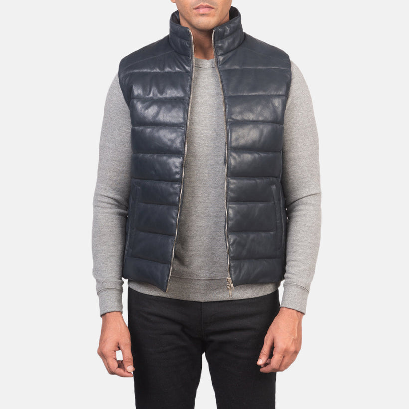 Reeves Azul Leather Puffer Vest para Hombre