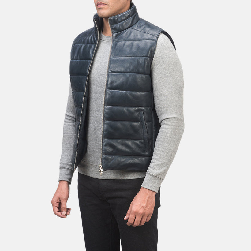 Reeves Azul Leather Puffer Vest para Hombre