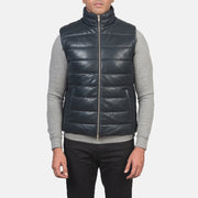 Detalle de cerca of Classic Collar &amp; Zipper with Dual Puller Hardware on Men's Reeves Azul Leather Puffer Vest para Hombre