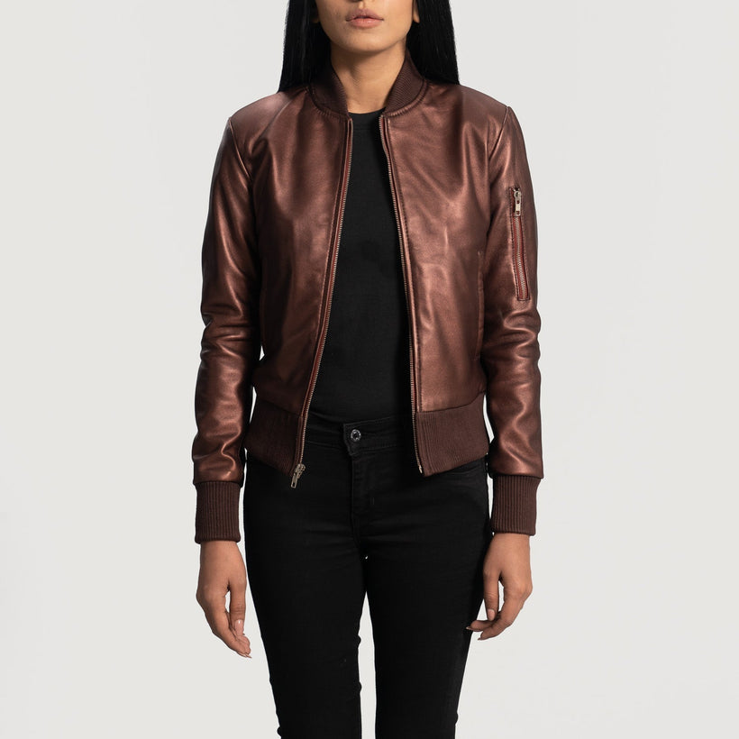 Reida Granate Cazadora Bomber de Cuero para Mujer