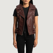 
Maroon Sheepskin Leather Biker Jacket - Vista posterior con hombros definidos y bajo impecable