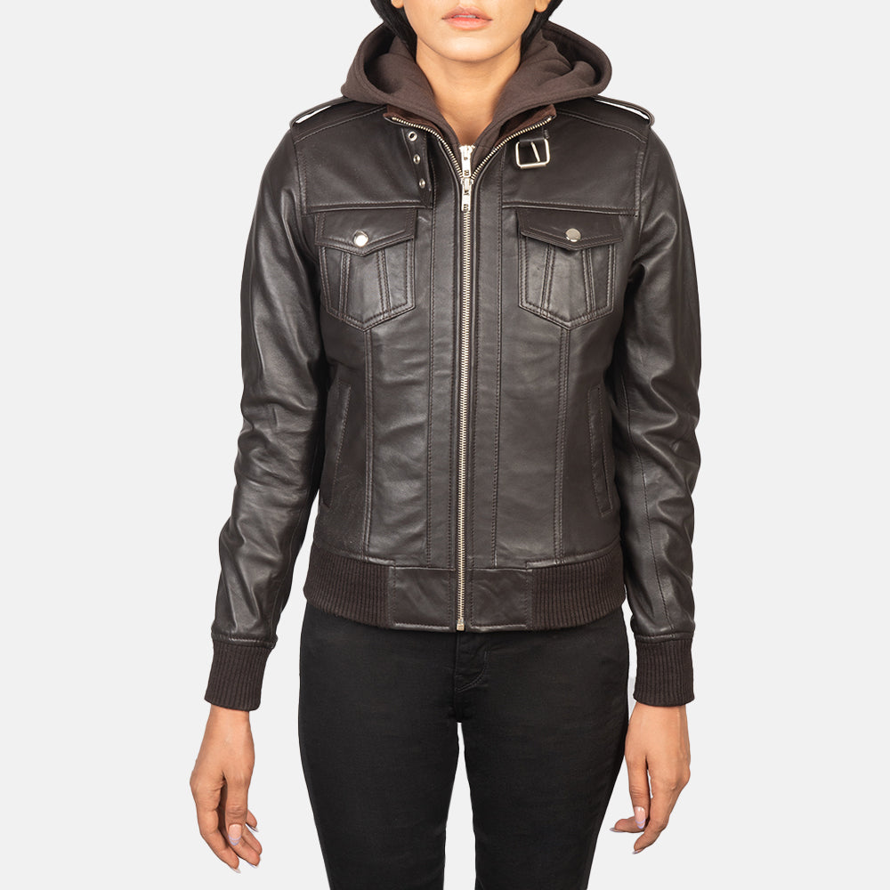 
Vista de detalle of High Neck with Belt & Zipper Hardware on Roslyn Brown Hooded Leather Bomber Jacket