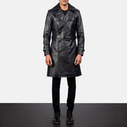 Men's Royson Negro Leather Duster Abrigo de Cuero para Hombre in Black Cowhide Leather - Vista frontal y silueta a medida | Comprar online