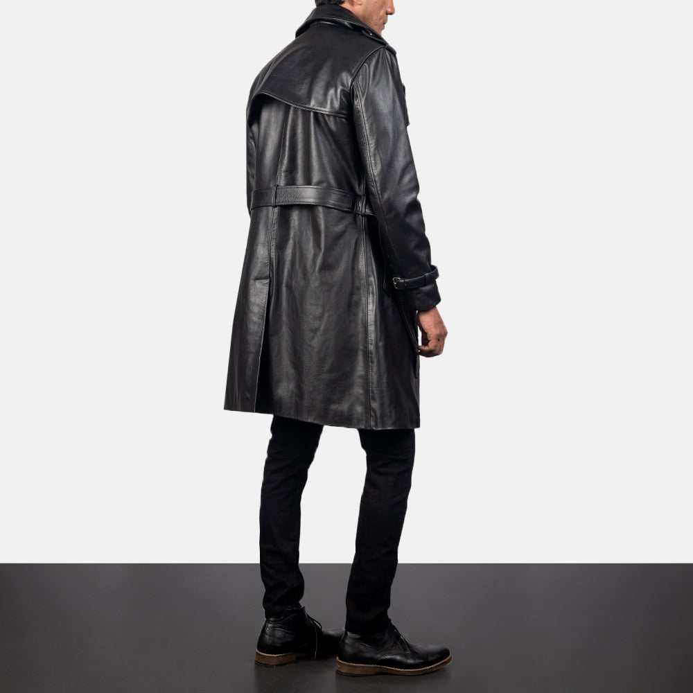 Men's Royson Negro Leather Duster Abrigo de Cuero para Hombre - Vista de perfil lateral con corte ergonómico de manga