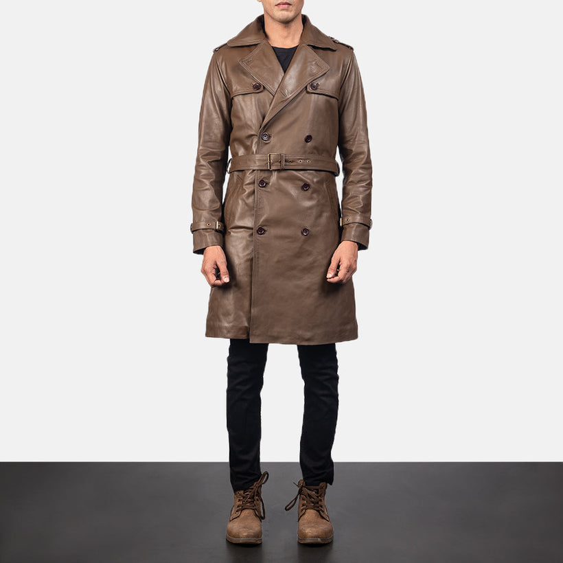 Royson Marrón Leather Duster Abrigo de Cuero para Hombre