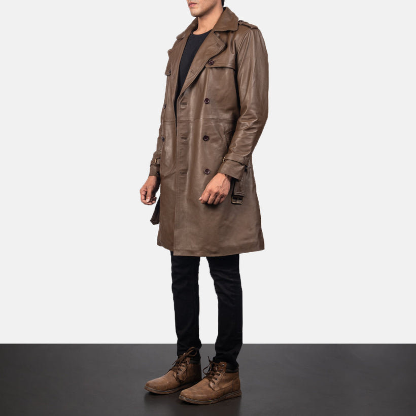 Royson Marrón Leather Duster Abrigo de Cuero para Hombre