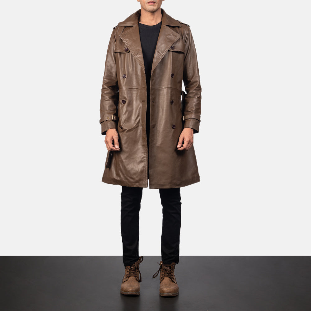 
Vista de detalle of Shirt & Heavy-Duty Zipper Hardware on Royson Marrón Leather Duster Abrigo de Cuero para Hombre