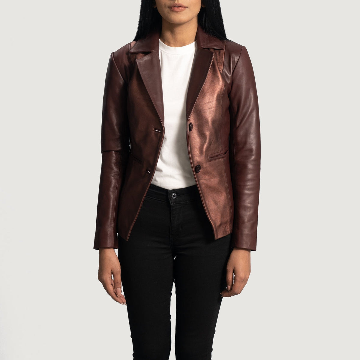
Ruby Metallic Granate Blazer de Cuero de Cuero para Mujer - Vista lateral mostrando el corte ergonómico de mangas