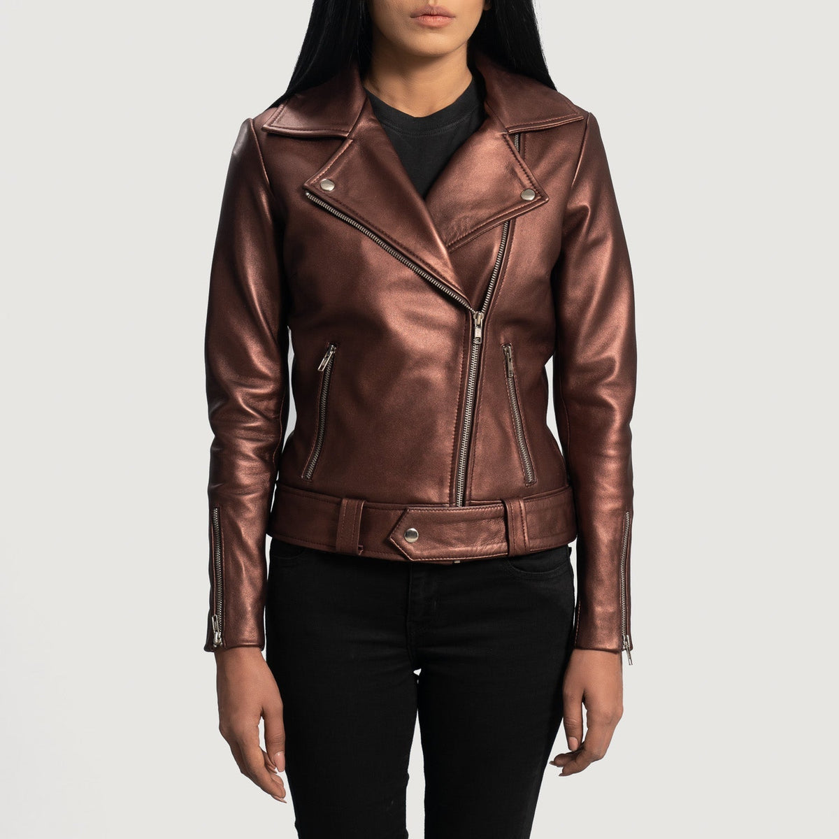 Women's Rumy Maroon Leather Biker Jacket in Maroon Sheepskin Leather - Vista frontal y silueta a medida | Comprar online