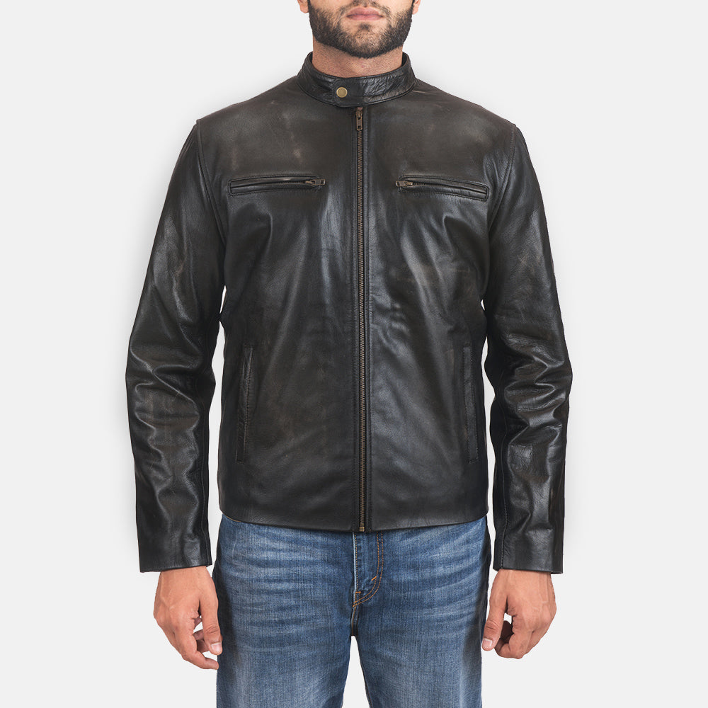 Rustic Black Leather Biker Jacket in Distressed Black Cowhide Leather - Vista frontal y silueta a medida | Comprar online