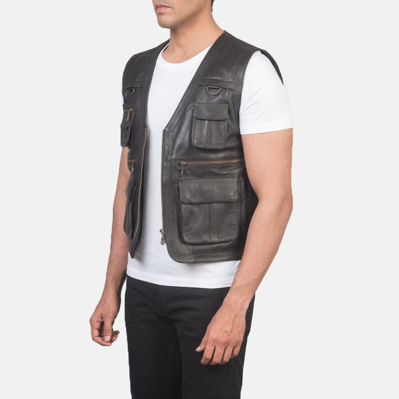 Safari Marrón Chaleco de Cuero para Hombre