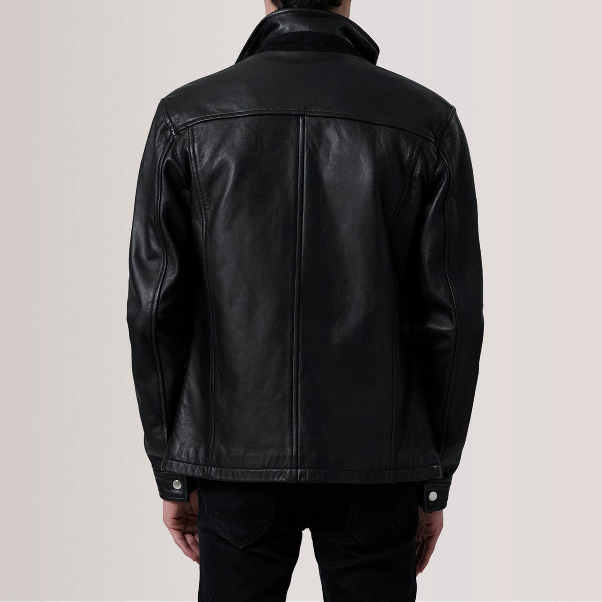 Detalle de cerca of Shirt &amp; Zipper Hardware on Sean Negro Leather Classic Chaqueta de Cuero para Hombre For Men