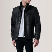 Sean Negro Snuffed Classic Chaqueta de Cuero para Hombre For Men in Distressed Black Sheepskin Snuffed - Vista frontal y silueta a medida | Comprar online