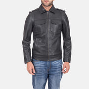 Sergeant Negro Chaqueta de Cuero para Hombre in Black Calfskin Leather - Vista frontal y silueta a medida | Comprar online