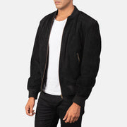 Black Goatskin Suede Bomber Jacket - Vista trasera con ajuste entallado en hombros y bajo impecable