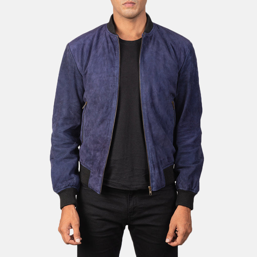 Shane Azul Suede Cazadora Bomber de Cuero para Hombre