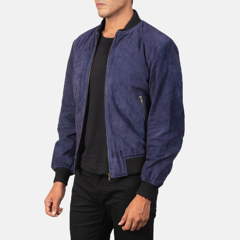 Shane Azul Suede Cazadora Bomber de Cuero para Hombre