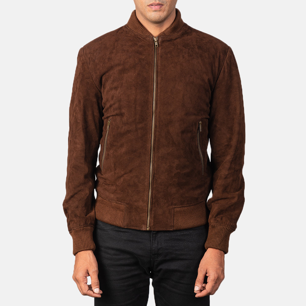 Detalle de cerca of Varsity &amp; Zipper Hardware on Men's Shane Dark Mocha Brown Suede Bomber Jacket
