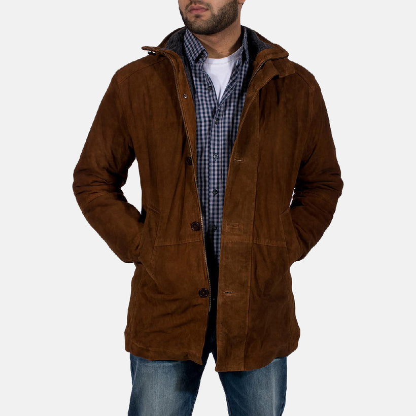 Men's Sheriff Brown Suede Jacket in Brown Goatskin Suede - Front Profile View & Tailored Silhouette | Buy Online