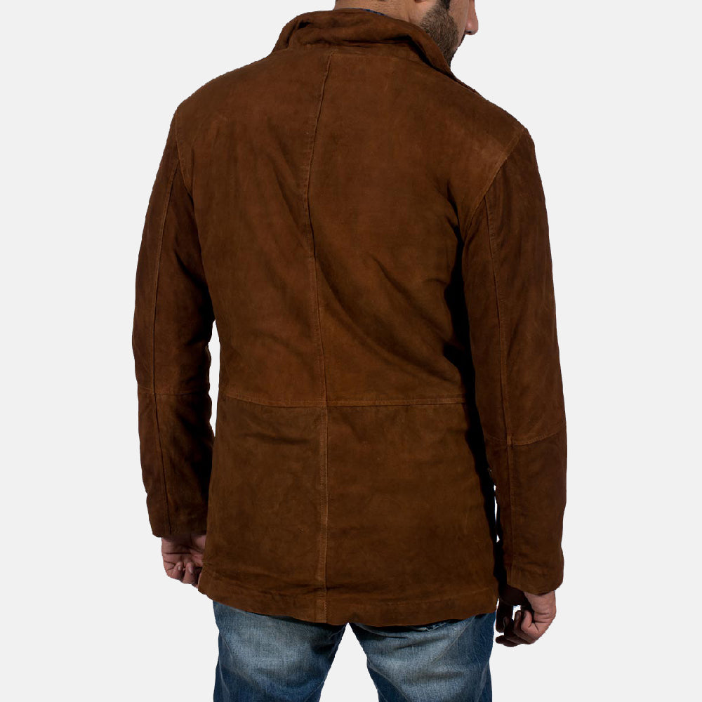 Detalle de cerca of High neck &amp; Zipper with Button Flap Hardware on Men's Sheriff Marrón Chaqueta de Gamuza para Hombre