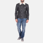
Vista de detalle of Shirt style Faux Shearling Collar & Zipper + Button Flap Hardware on Snow Cole Negro Chaqueta de Cuero para Hombre