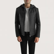 
Spratt Negro Hooded Chaqueta de Cuero para Hombre in Black Goatskin Leather - Vista frontal y silueta entallada | Comprar online