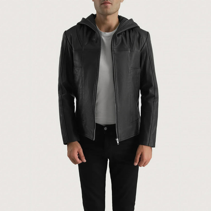 Spratt Negro Hooded Chaqueta de Cuero para Hombre