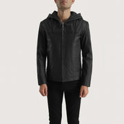 
Black Goatskin Leather Hooded Jacket - Vista posterior con hombros definidos y bajo impecable