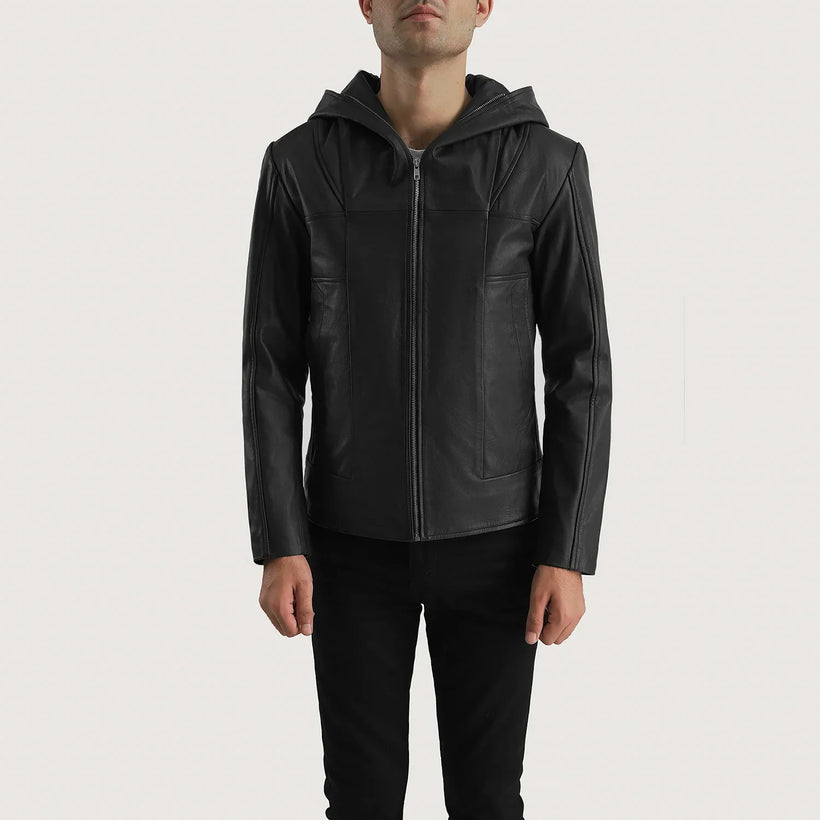Spratt Negro Hooded Chaqueta de Cuero para Hombre