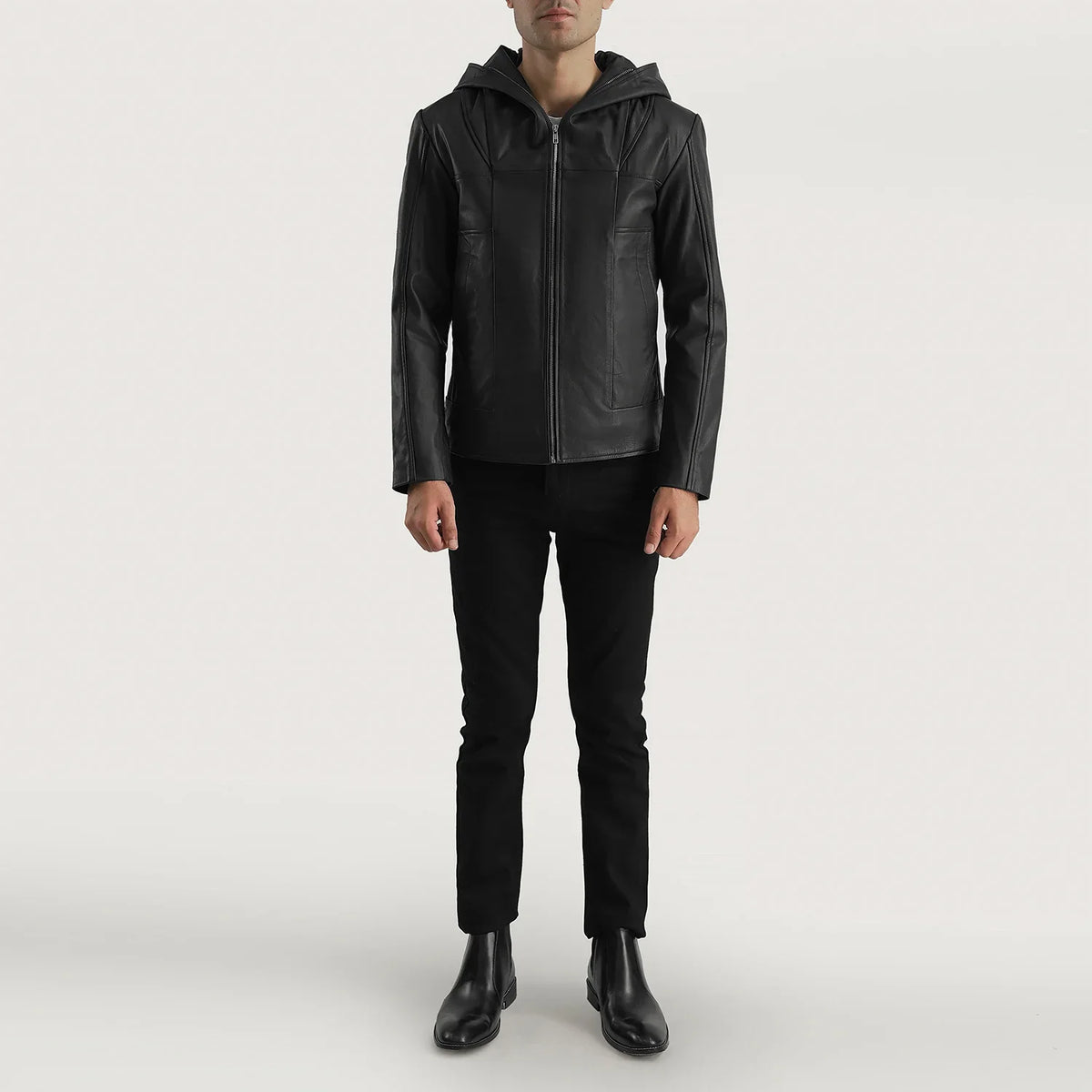 
Vista de detalle of Hooded & Zipper Hardware on Spratt Negro Hooded Chaqueta de Cuero para Hombre