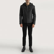 
Vista de detalle of Hooded & Zipper Hardware on Spratt Negro Hooded Chaqueta de Cuero para Hombre