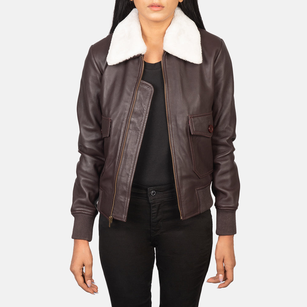 Women's Stella G-1 Maroon Leather Bomber Jacket in Maroon Sheepskin Leather - Vista frontal y silueta a medida | Comprar online
