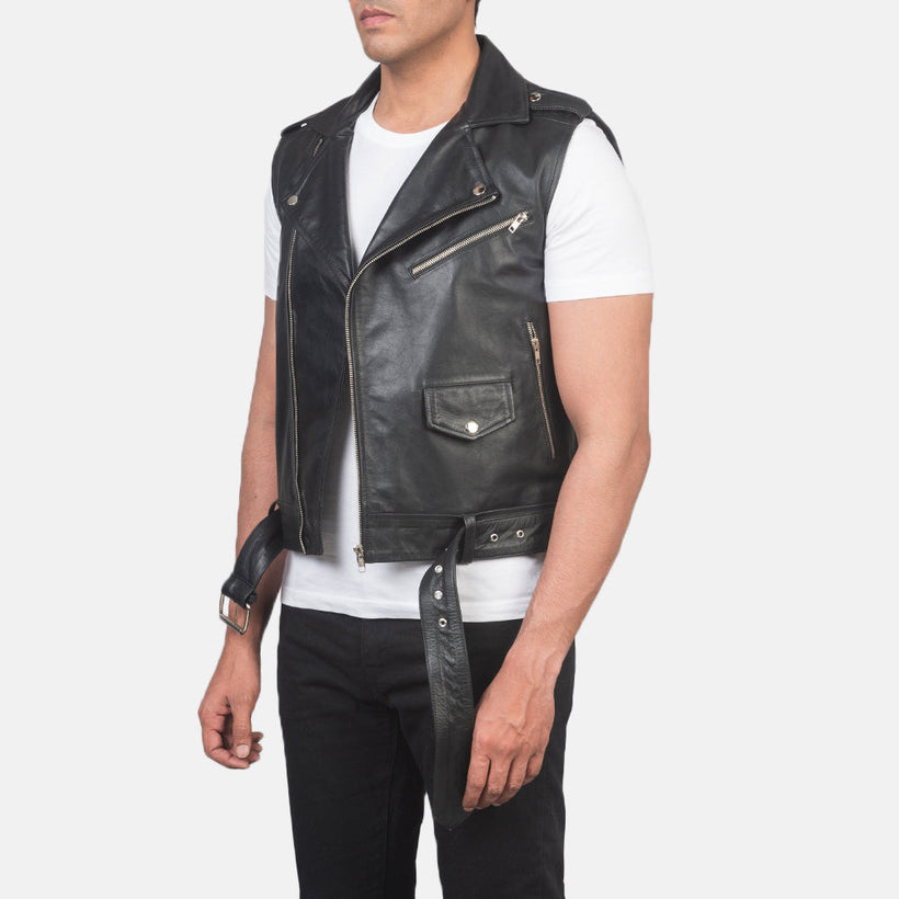 Sullivan Negro Leather Biker Vest para Hombre
