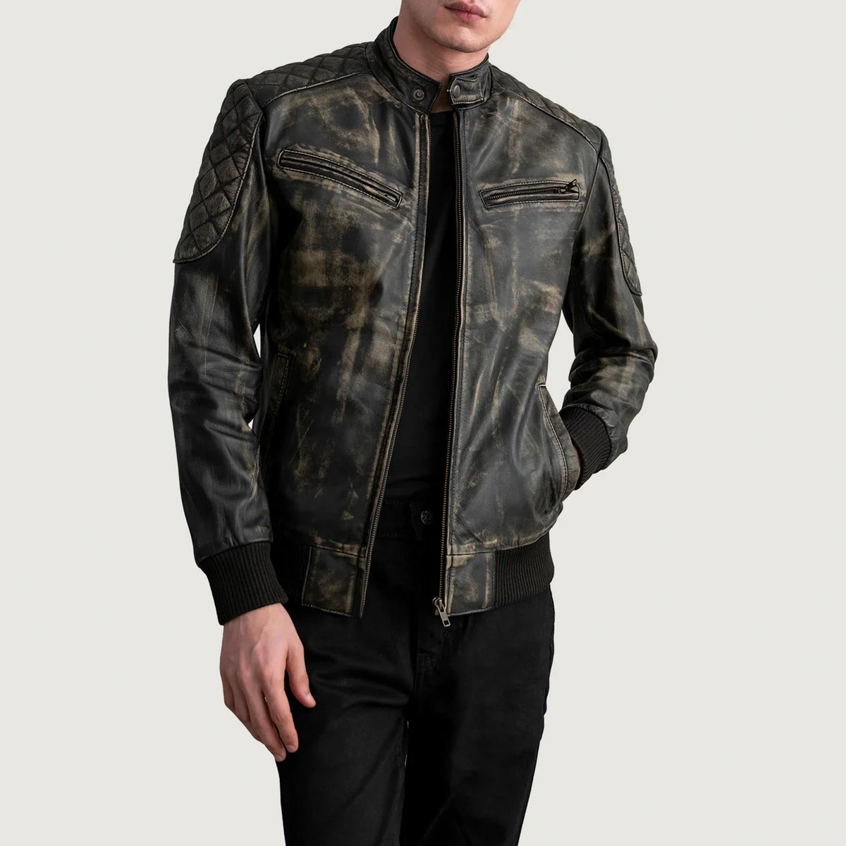 Rib Knit &amp; Hem Craftsmanship Construction Detail on Men's Sven Mocha Suede Bomber Jacket