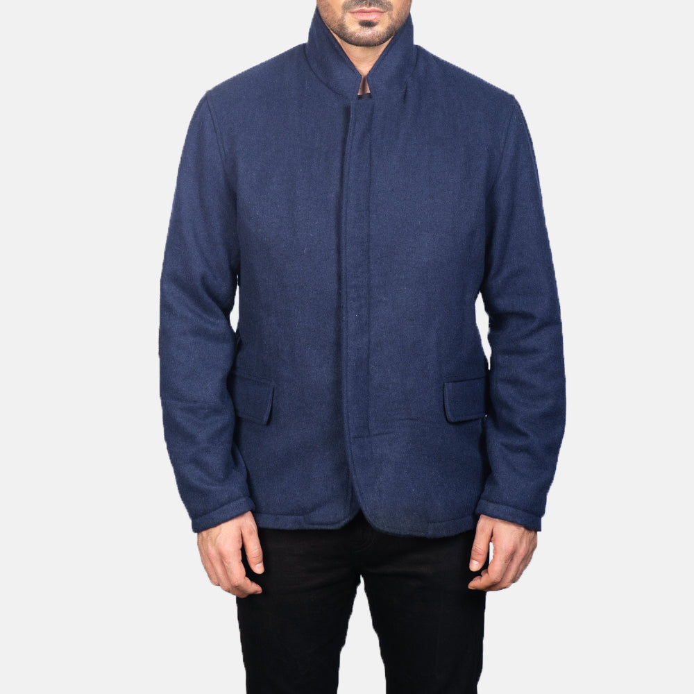 Detalle de cerca of Nehru &amp; Zipper with Dual Puller Hardware on Men's Thomas Azul Wool Chaqueta de Cuero para Hombre