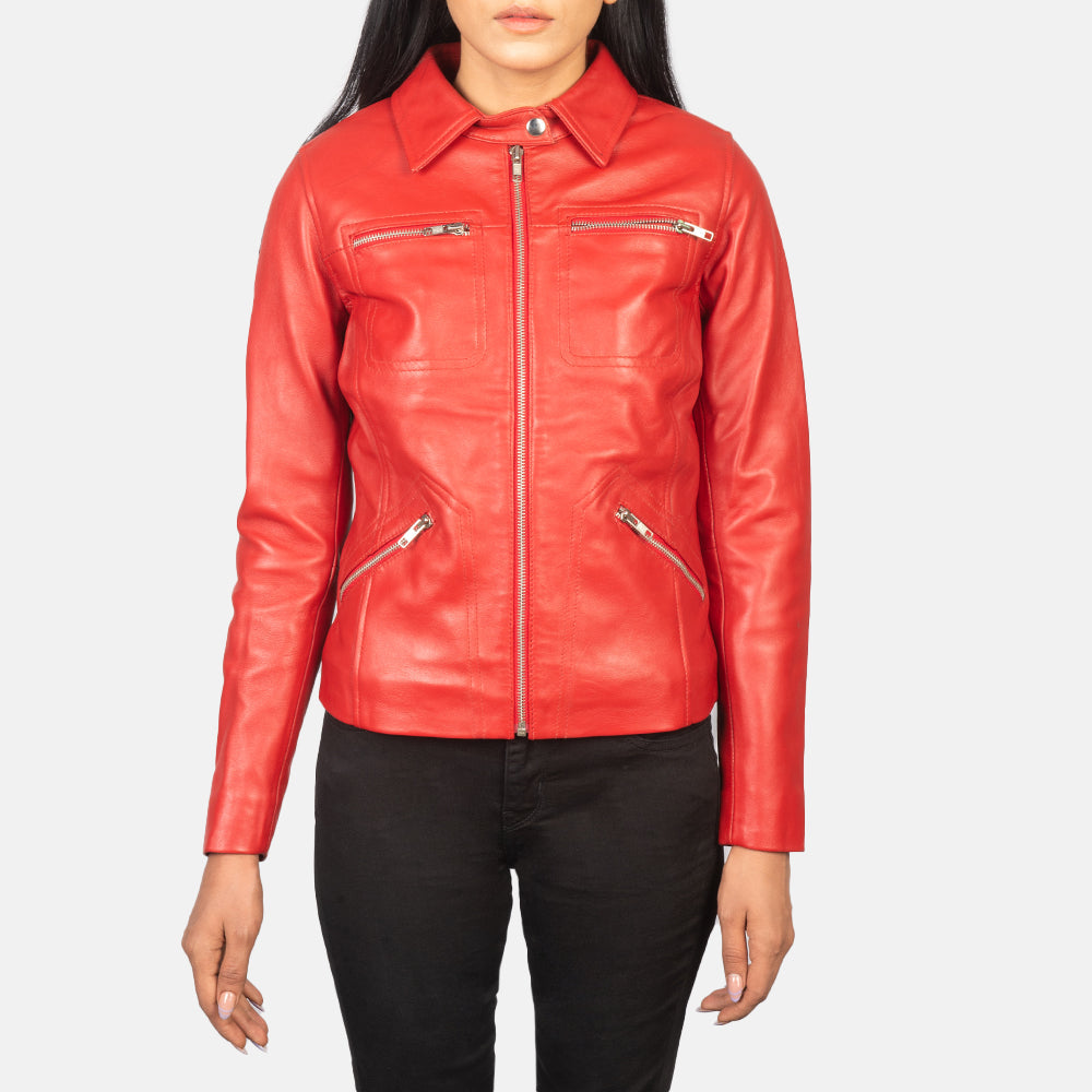 Detalle de cerca of Shirt with Snap Button &amp; Zipper Hardware on Women's Tomachi Red Leather Jacket