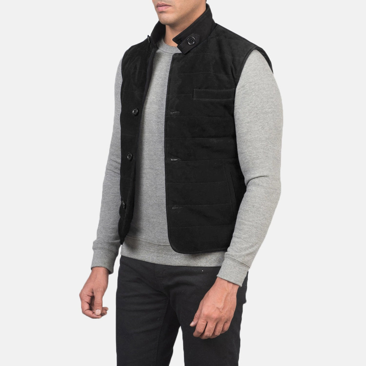 
Black Goatskin Suede Leather Vest - Vista posterior con hombros definidos y bajo impecable